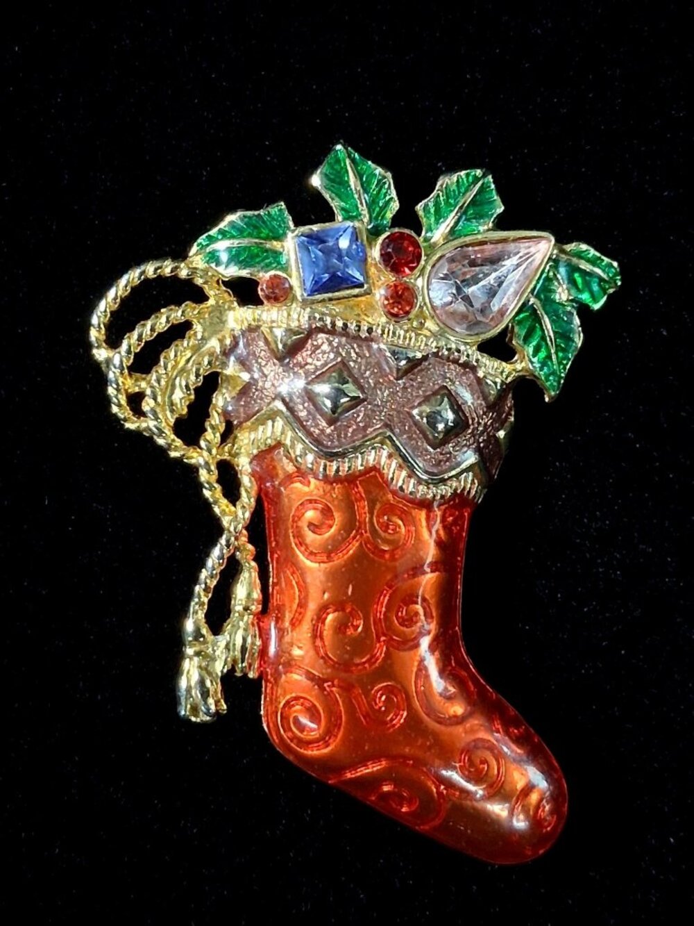 Christopher Radko Brooch Christmas Stocking Rhinestone Gold Tone Vintage